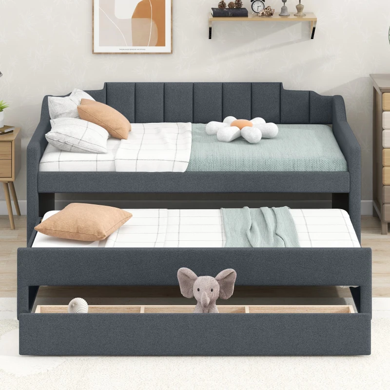Twin Size Upholstered Daybed with Trundle and Three Drawers, Pull-out Bed for Department or Guest Rooms, 81" L x 41" W x 35.5" H, Gray
