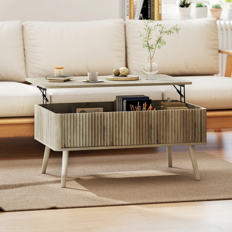 HOMCOM Lift Top Coffee Table with Storage, Center Table with Hidden Compartments and Pine Wood Legs for Living Room, Oak