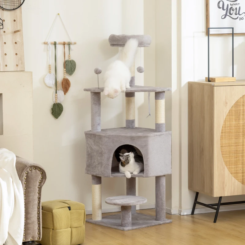 PawHut 54 Inch Cat Tree with Large Condo, Top Perch, Sisal Scratching Posts, Dangling Toy Ball,Light Grey
