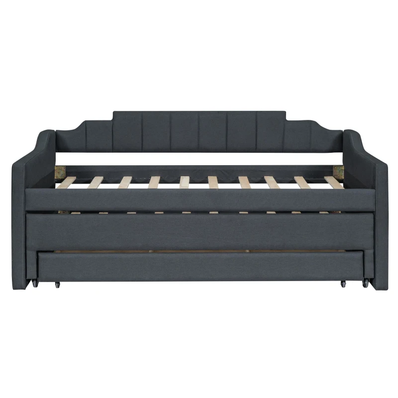 Twin Size Upholstered Daybed with Trundle and Three Drawers, Pull-out Bed for Department or Guest Rooms, 81" L x 41" W x 35.5" H, Gray