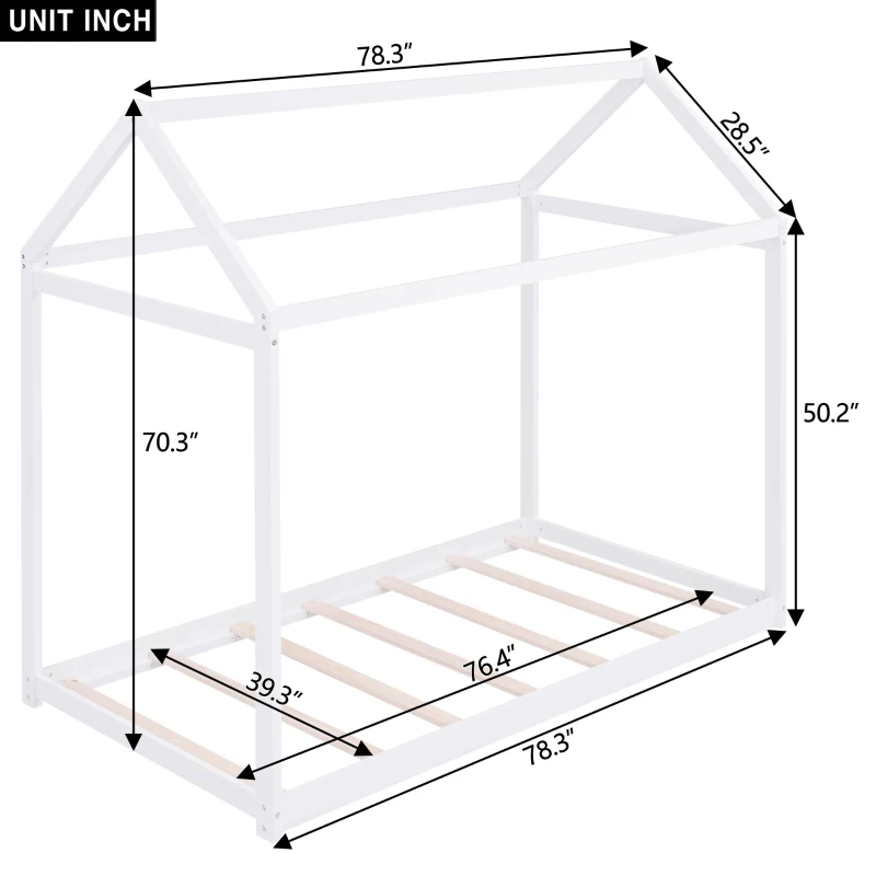 Twin Size Wooden House Bed with Pine Wood and MDF Construction, Bed Frame Perfect for Easy Assembly, 78.5" L x 42.5" W x 70.5" H, White