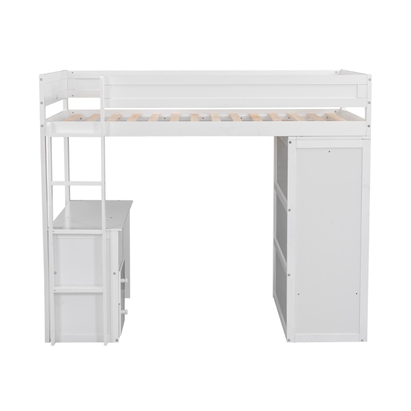 Wood Twin Loft Bed with Wardrobes, 2-Drawer Desk and Cabinet, High-Sleeper Bed for House with Children, 78.5" L x 41" W x 65" H, White