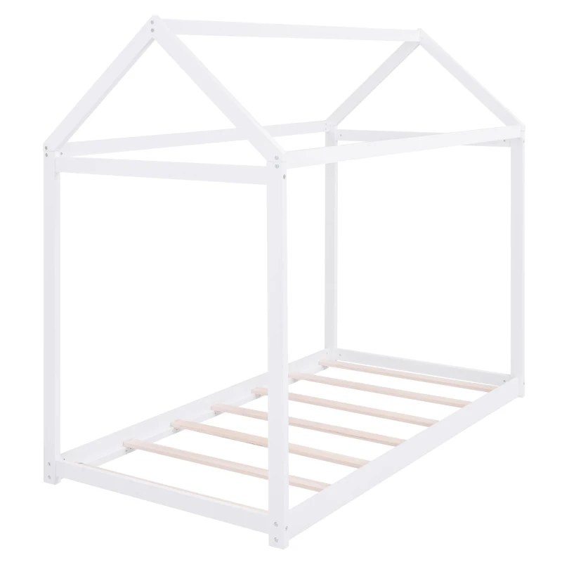 Twin Size Wooden House Bed with Pine Wood and MDF Construction, Bed Frame Perfect for Easy Assembly, 78.5" L x 42.5" W x 70.5" H, White
