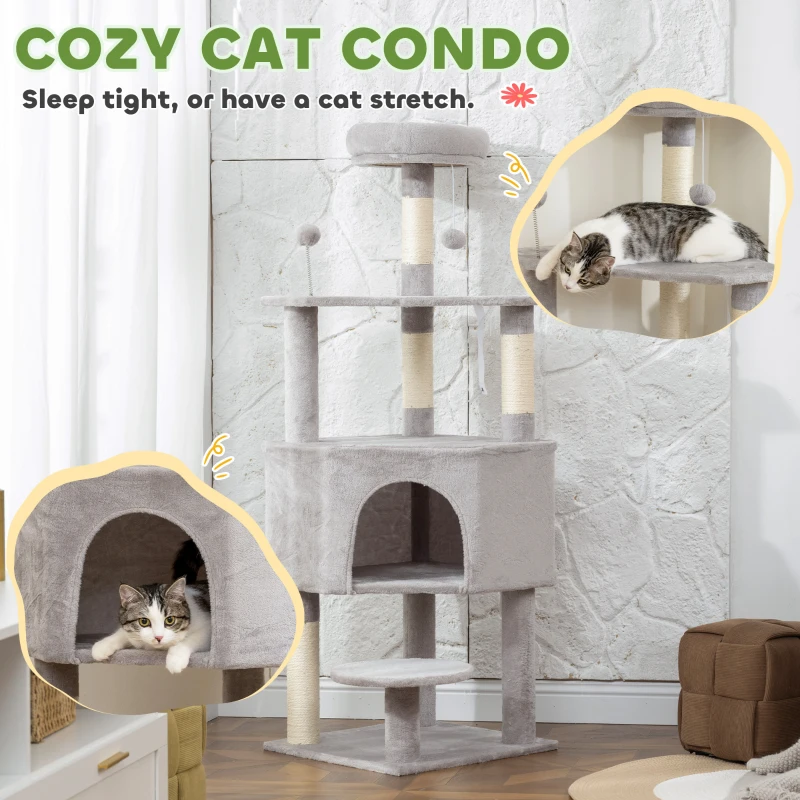 PawHut 54 Inch Cat Tree with Large Condo, Top Perch, Sisal Scratching Posts, Dangling Toy Ball,Light Grey