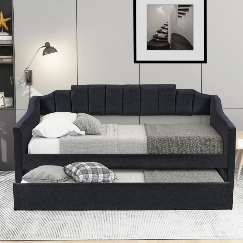 Upholstered Twin Daybed with Trundle, Solid Wood Frame, No Box Spring Needed, Trundle Bed for Compact Room, 81.5" L x 41" W x 36" H, Black
