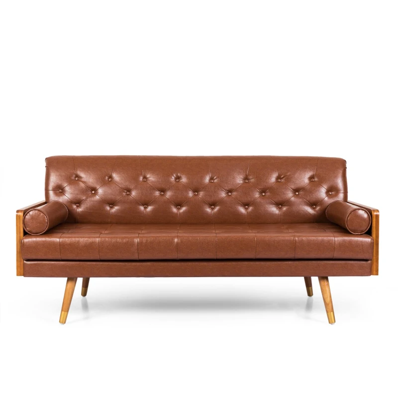 Adelaide Mid-Century Tufted Sofa with Rolled Accent Pillows, Daybed with Gold Tipped Rubberwood Legs, 72'' L x 30.5'' W x 32'' H, Light Brown