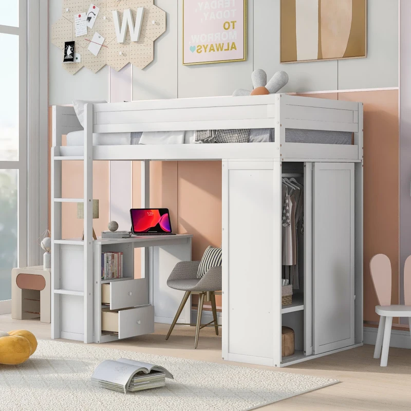 Wood Twin Loft Bed with Wardrobes, 2-Drawer Desk and Cabinet, High-Sleeper Bed for House with Children, 78.5" L x 41" W x 65" H, White