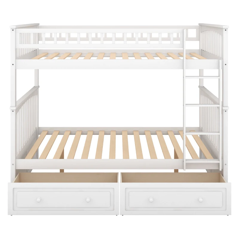 Full Over Full Bunk Bed with Drawers, Convertible Design, Pine Wood and MDF, Double-Decker Bed for Living Room, 79" L x 59" W x 64" H, White