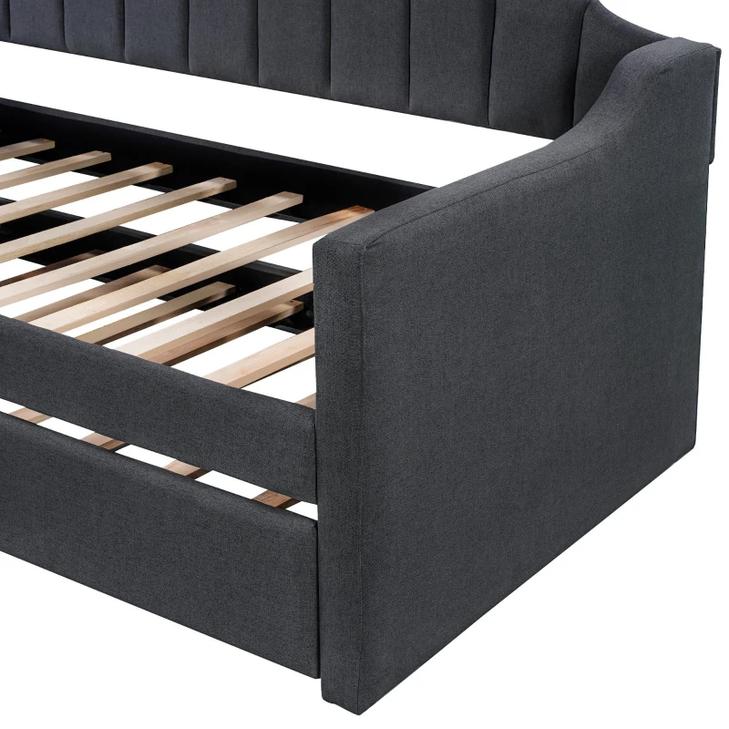 Upholstered Twin Daybed with Trundle, Solid Wood Frame, No Box Spring Needed, Trundle Bed for Compact Room, 81.5" L x 41" W x 36" H, Black