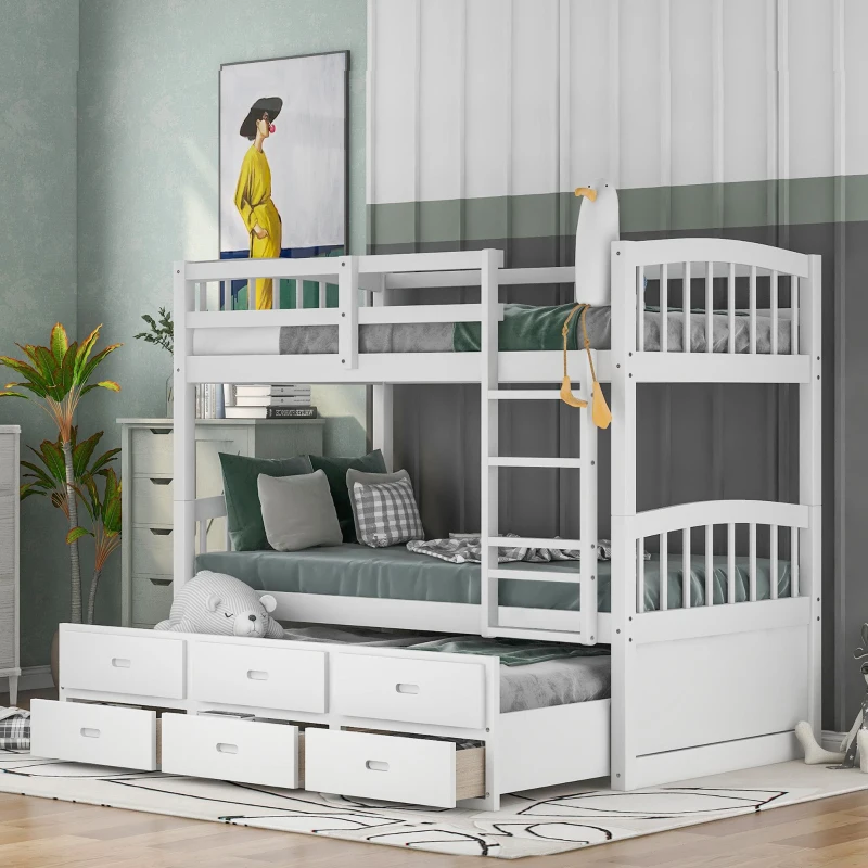 Twin Over Twin Wood Bunk Bed with Trundle and Drawers, Wood Construction, Double-Decker Bed for Children, 81" L x 42.5" W x 67" H, White