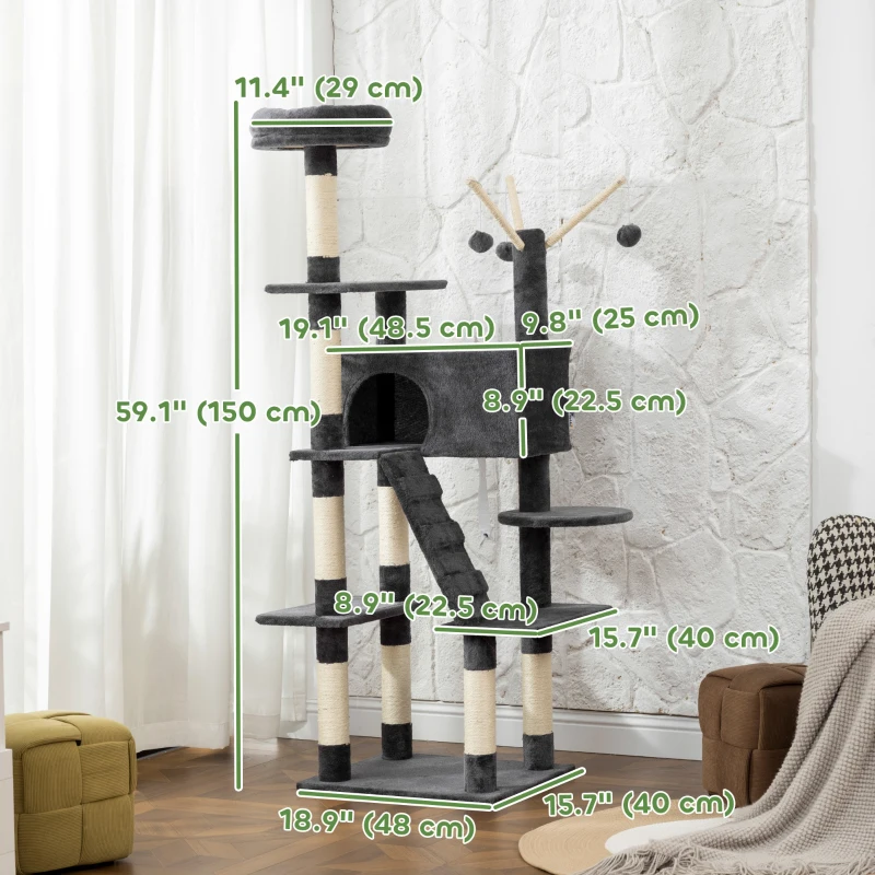 PawHut 59 Inch Large Cat Tree with Sisal Scratching Posts, Cozy Condo, Top Perch, Ladder and Interactive Balls, Dark Grey