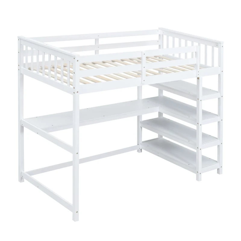 Twin Size Loft Bed with Storage Shelves, Under-bed Desk and LED Light, High-Sleeper Bed for Compact Room, 80" L x 42" W x 68.5" H, White