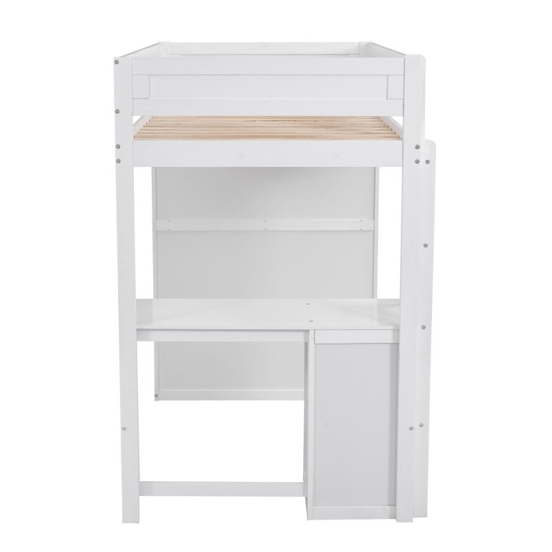 Wood Twin Loft Bed with Wardrobes, 2-Drawer Desk and Cabinet, High-Sleeper Bed for House with Children, 78.5" L x 41" W x 65" H, White