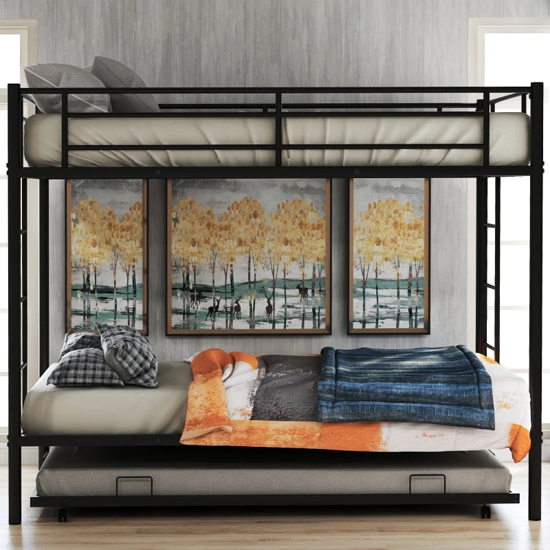 Twin Over Twin Bunk Bed with Trundle, Sturdy Metal Frame, Safety Guardrails, Bed Frame for Compact Rooms, 78" L x 41.5" W x 62.5" H, Black