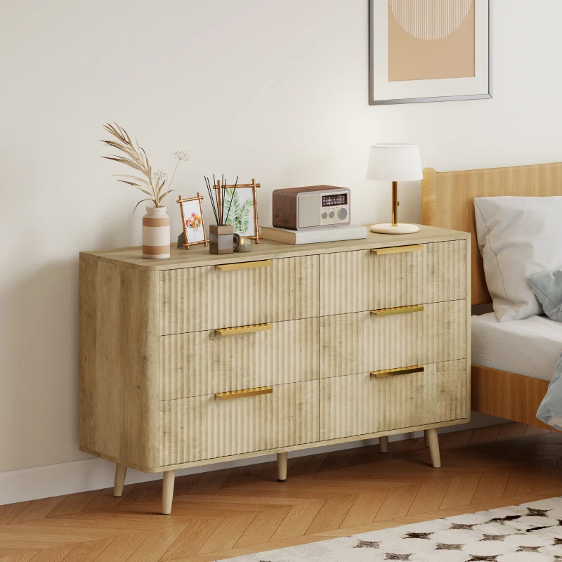 HOMCOM Fluted Chest of Drawers, Modern 6 Drawer Dresser with Pine Wood Legs, Finger Pulls for Closet, Living Room, Hallway, Oak
