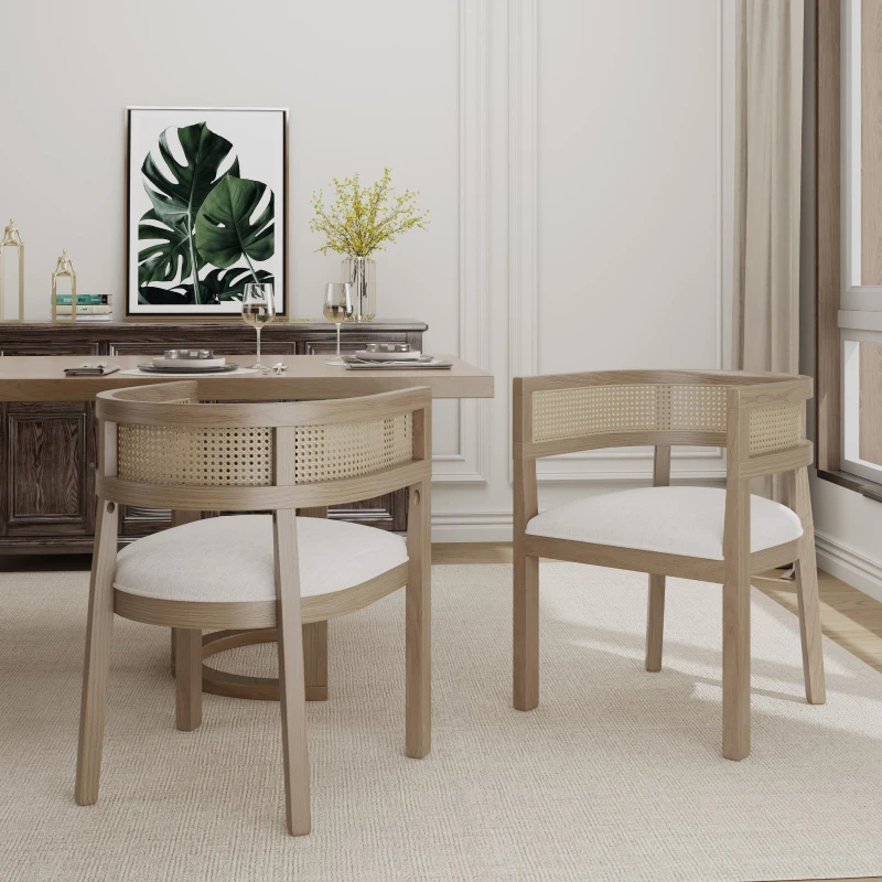 Set of 2 Dining Chairs with Rattan Round Backrest, Upholstered Seats, Dining Seats for Kitchen, 22.5" L x 22" W x 29.5" H, Beige+Natural Ash