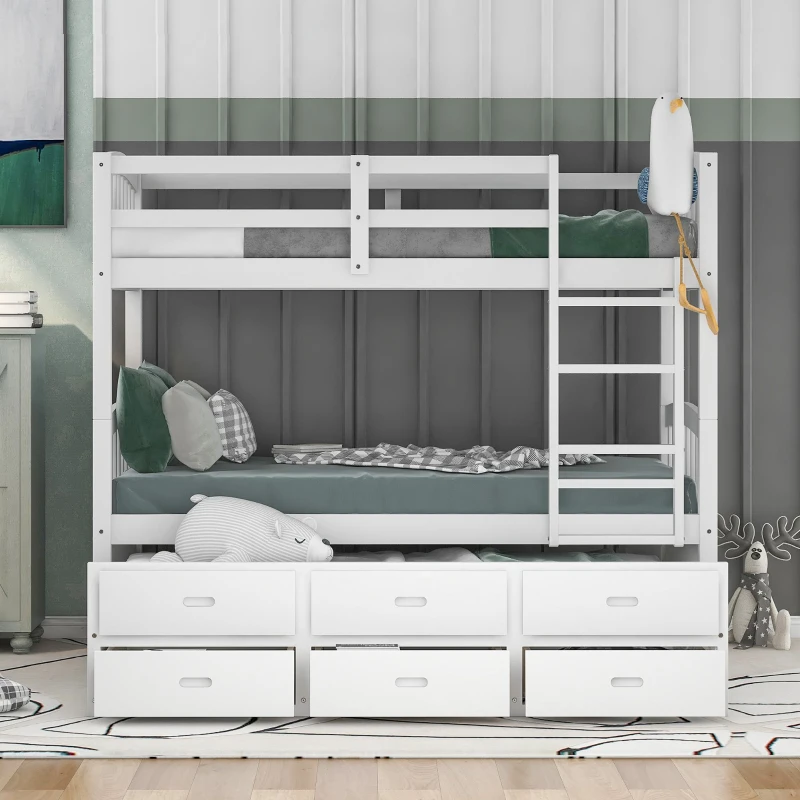 Twin Over Twin Wood Bunk Bed with Trundle and Drawers, Wood Construction, Double-Decker Bed for Children, 81" L x 42.5" W x 67" H, White