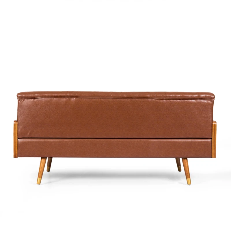 Adelaide Mid-Century Tufted Sofa with Rolled Accent Pillows, Daybed with Gold Tipped Rubberwood Legs, 72'' L x 30.5'' W x 32'' H, Light Brown