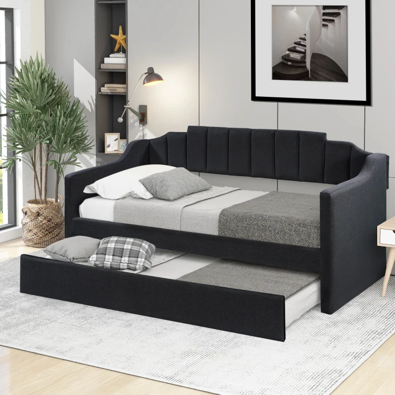 Upholstered Twin Daybed with Trundle, Solid Wood Frame, No Box Spring Needed, Trundle Bed for Compact Room, 81.5" L x 41" W x 36" H, Black