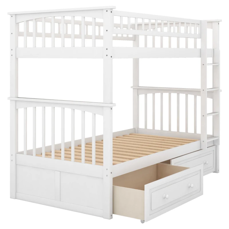 Twin Over Twin Bunk Bed with Drawers, Solid Pine Wood and MDF, Double-Decker Bed for Living Rooms, 79.5" L x 43.5" W x 64" H, White