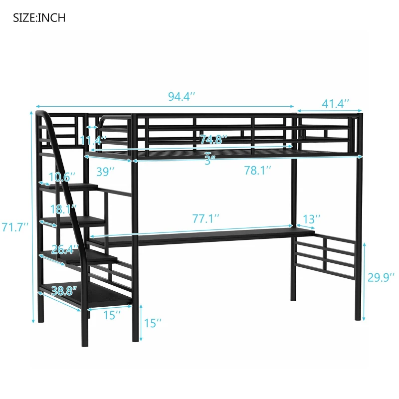 Metal Loft Bed Frame with Desk and LED Light, Sturdy Metal Frame, High-Sleeper Bed for Guest Rooms, 94.5" L x 41.5" W x 72" H, Black