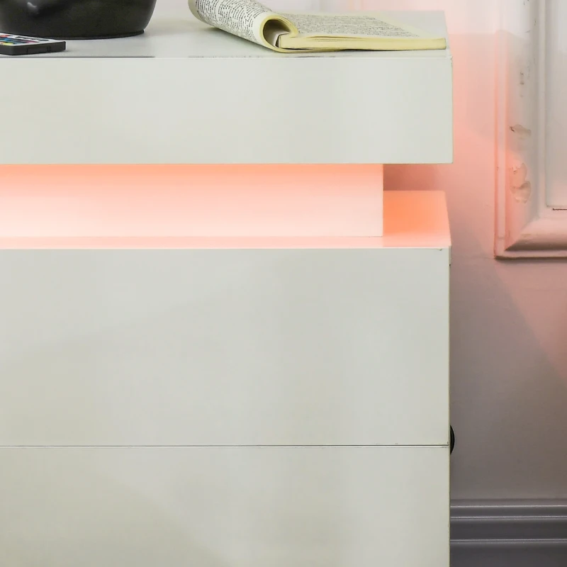 HOMCOM Nightstand, Bedside Table with LED Lights and 2 Drawers for Bedroom, Living Room, White