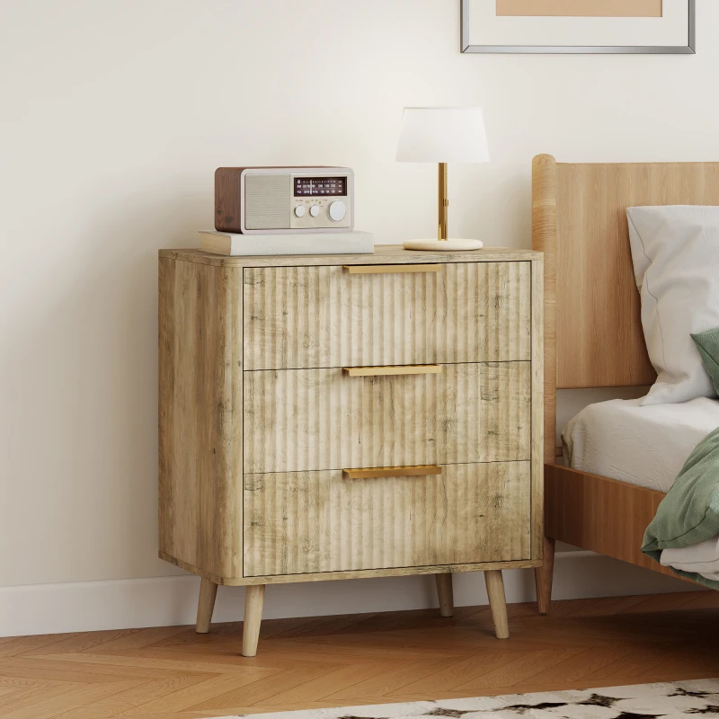 HOMCOM Fluted Chest of Drawers, Modern 3 Drawer Dresser with Pine Wood Legs, Finger Pulls for Closet, Living Room, Hallway, Oak