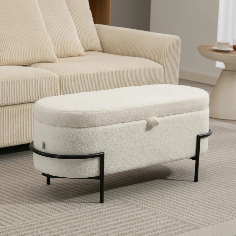 HOMCOM Storage Ottoman with Lift-Up Lid and Steel Legs, 45 Inches Sherpa Fleece Storage Chest for Living Room, Cream White