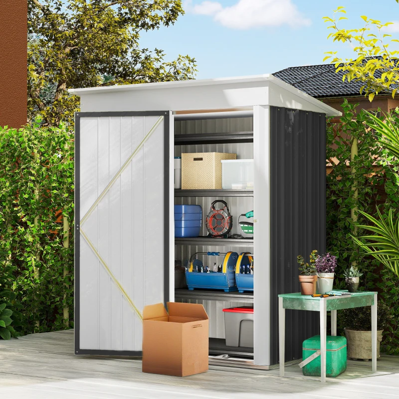 Outsunny Outdoor Storage Shed, Steel Lean-to Shed with Adjustable Shelf, Lock, Gloves, 5'x3'x6', Dark Grey