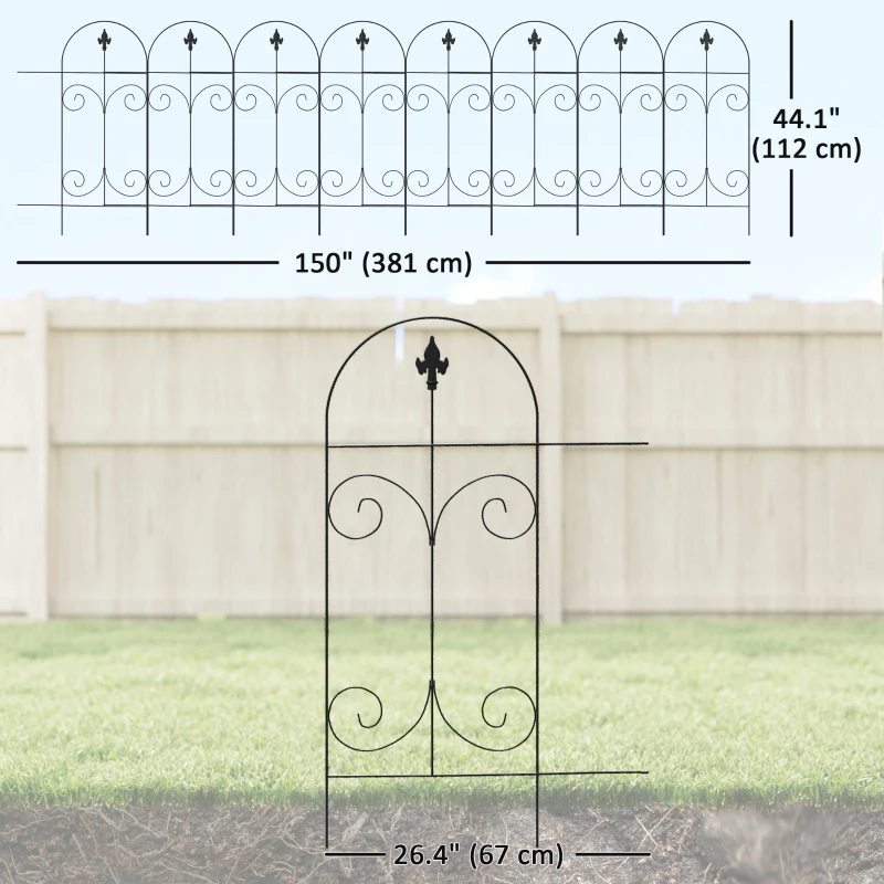 Outsunny Outdoor Metal Garden Fence Panels, Border Edging for Yard, Patio, 8 Pack, Scrollworks and Spears