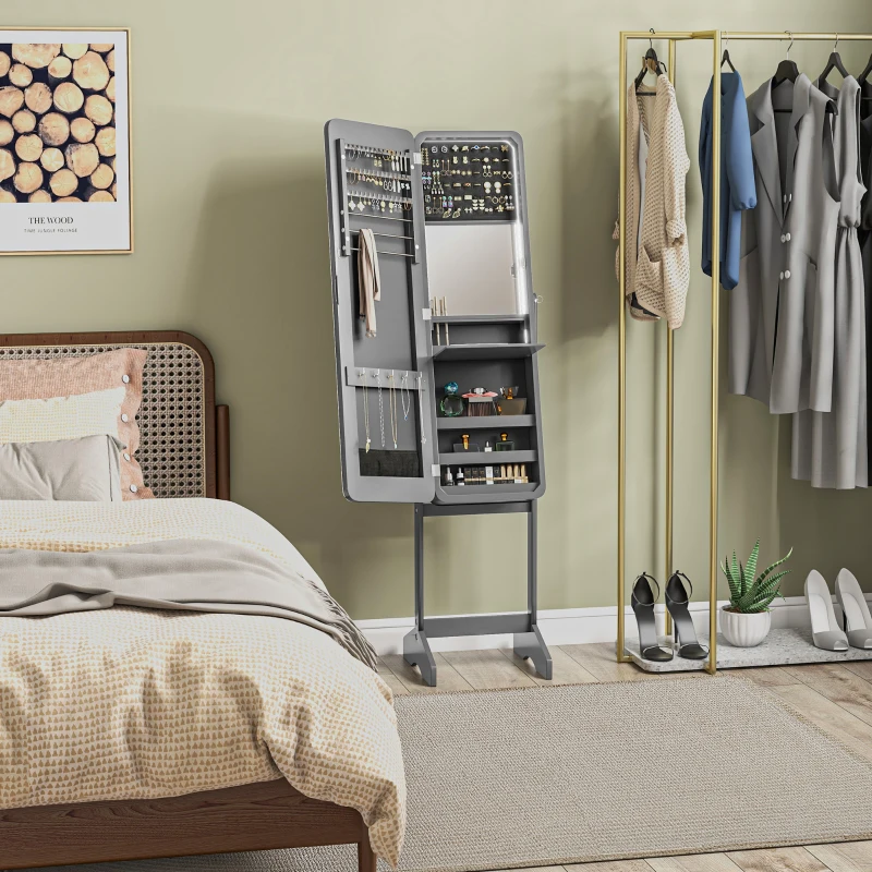 HOMCOM Standing Mirror Jewellery Cabinet, Jewellery Storage Cabinet with LED Lights and Angle Adjustable Full Length Mirror, Grey