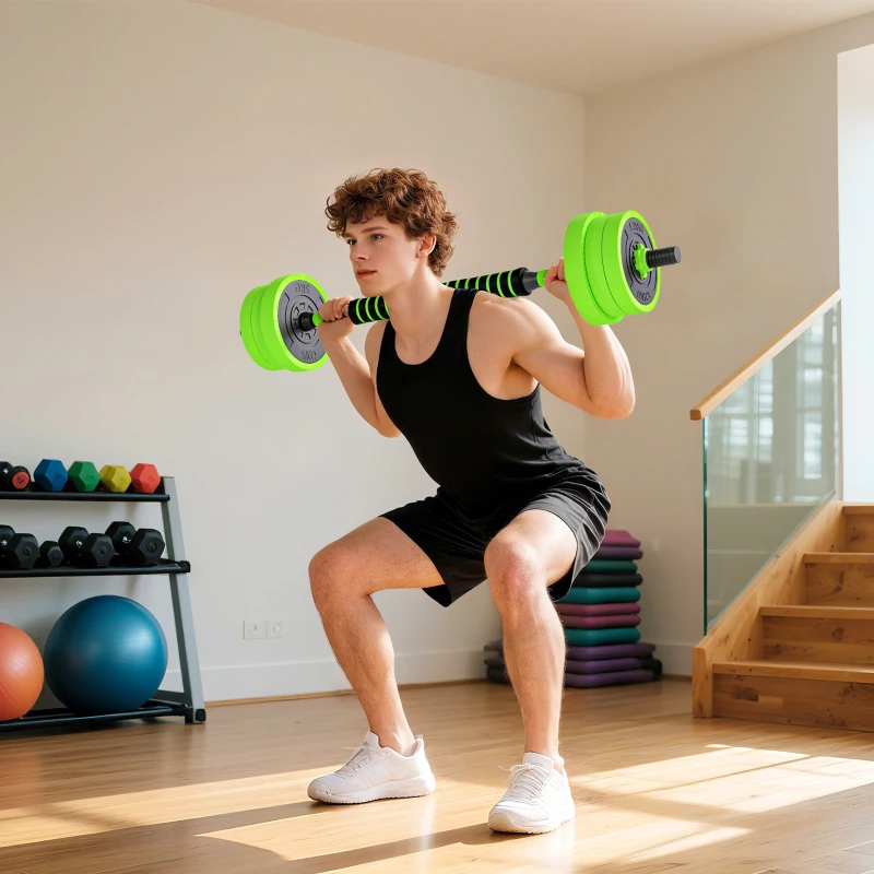 Soozier 44lbs 4-in-1 Adjustable Weight Dumbbell Set, Barbell, Kettlebell, Push Up Stand, Green