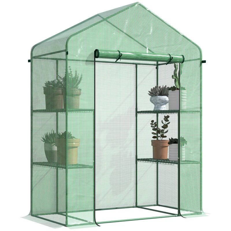 Outsunny 3-Tier Mini Greenhouse, Walk-in Greenhouse, Garden Hot House with 4 Shelves, Roll-Up Door and Weatherized Cover, 56" x 29" x 77", Dark Green