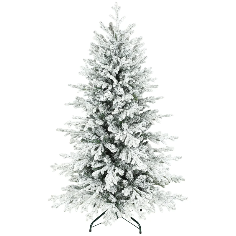 HOMCOM 5ft Artificial Flocked Christmas Tree, Full Snow Pine Tree Holiday Decor, Hinged Xmas Tree with Realistic Tips, Metal Stand, Easy Assembly