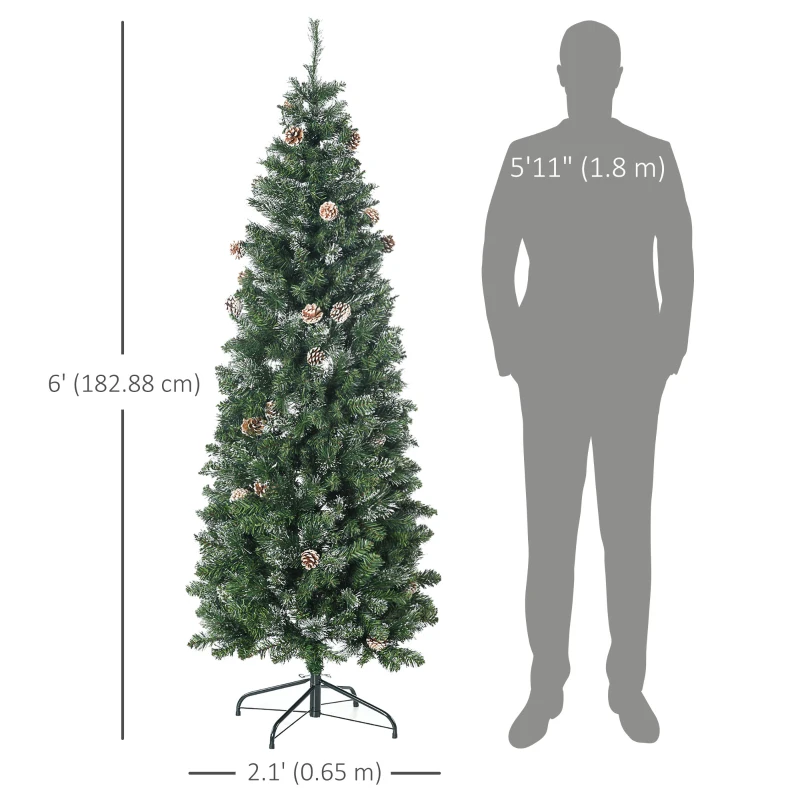 HOMCOM 6' Artificial Pencil Christmas Tree with Snow Frosted Branches, Auto Open, Steel Base