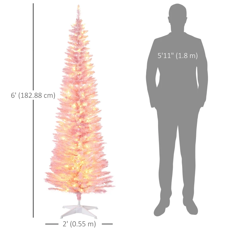 HOMCOM 6' Pre Lit Artificial Pencil Christmas Trees, Xmas Tree with Realistic Branches and Warm White LED Lights, Pink