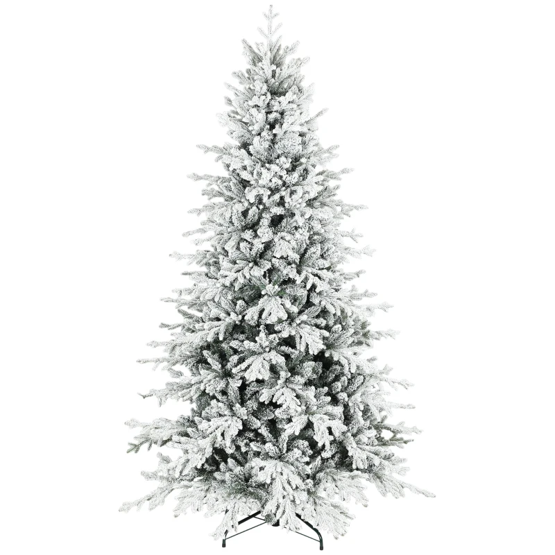 HOMCOM 7ft Artificial Flocked Christmas Tree, Full Snow Pine Tree Holiday Decor, Hinged Xmas Tree with Realistic Tips, Metal Stand, Easy Assembly