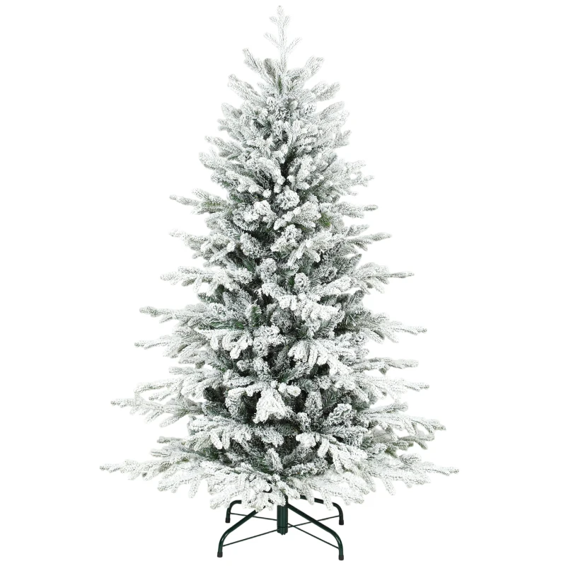 HOMCOM 5ft Artificial Flocked Christmas Tree, Full Snow Pine Tree Holiday Decor, Hinged Xmas Tree with Realistic Tips, Metal Stand, Easy Assembly