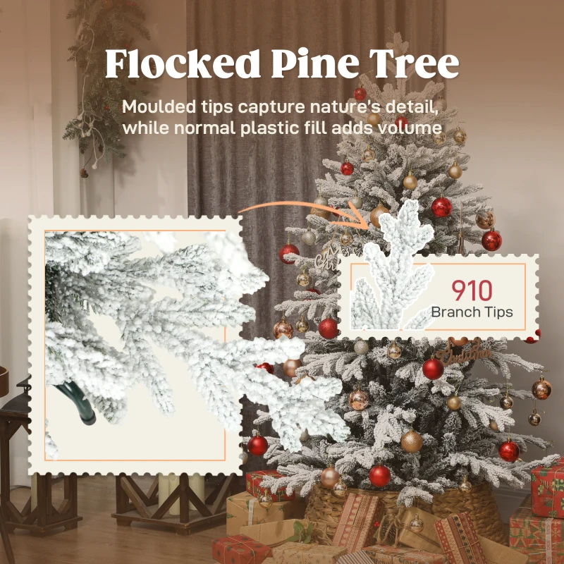 HOMCOM 5ft Artificial Flocked Christmas Tree, Full Snow Pine Tree Holiday Decor, Hinged Xmas Tree with Realistic Tips, Metal Stand, Easy Assembly