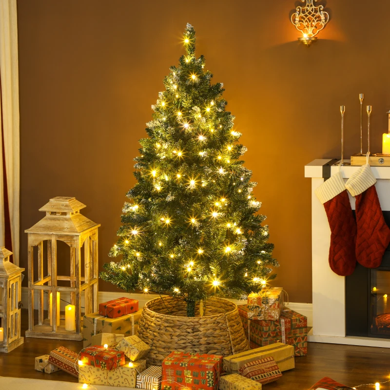 HOMCOM 5 ft Frosted Prelit Christmas Tree, Full Spruce Xmas Tree with Dual Colour LED Light, Hinged Xmas Tree, Easy Assembly