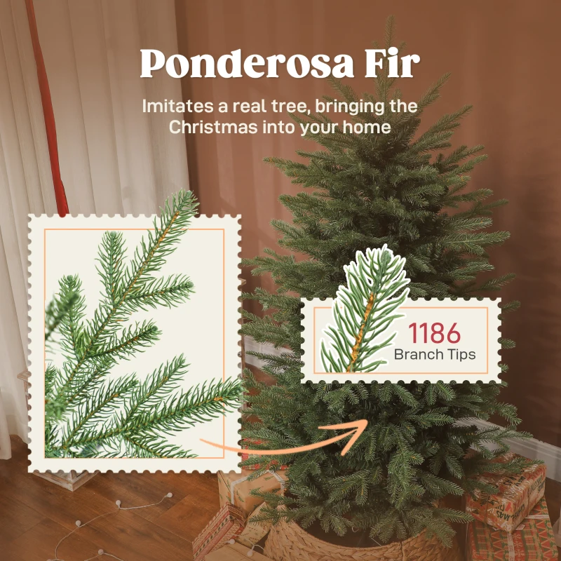 HOMCOM 5 ft Artificial Christmas Tree with Dense Realistic Branches, Full Ponderosa Fir, Hinged Xmas Tree, Easy Assembly