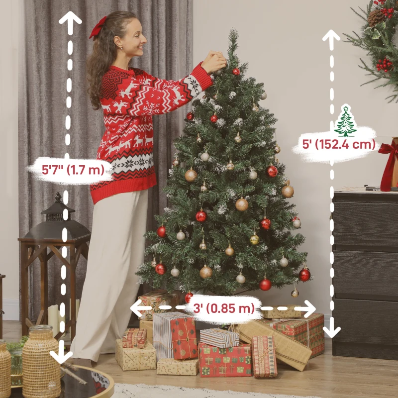 HOMCOM 5 ft Frosted Prelit Christmas Tree, Full Spruce Xmas Tree with Dual Colour LED Light, Hinged Xmas Tree, Easy Assembly