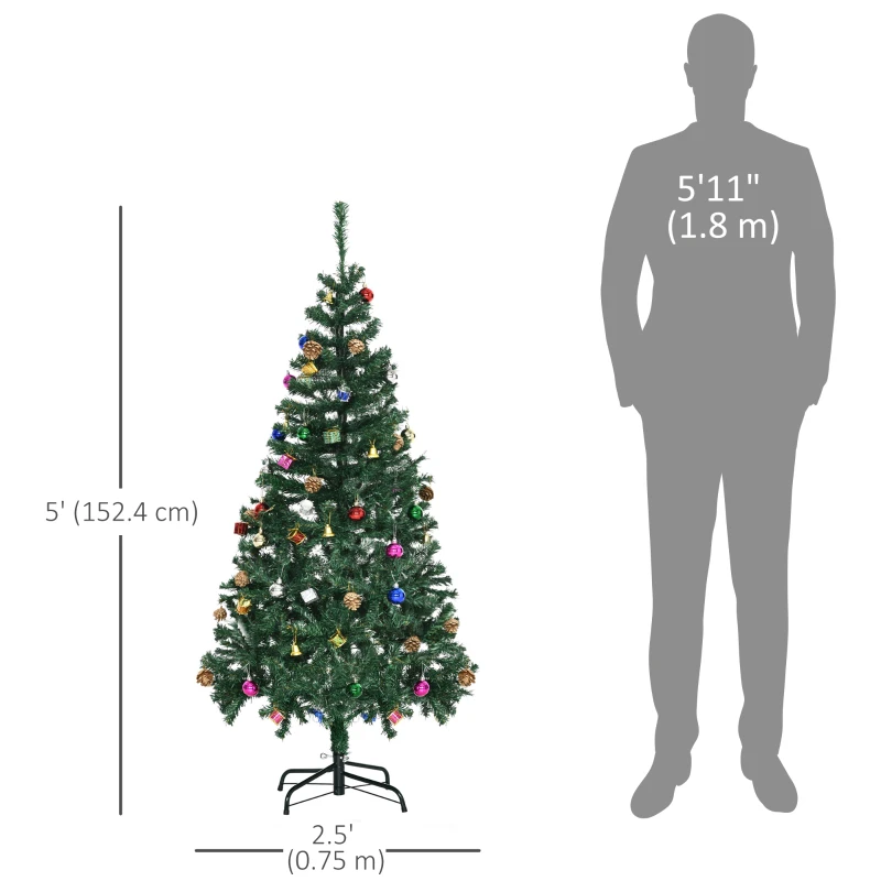 HOMCOM 4.9ft Green Christmas Tree Artificial Xmas Holidays Party with Decoration Ornament
