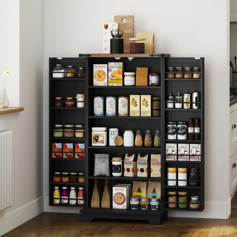 HOMCOM 47" Kitchen Pantry Storage Cabinet, Farmhouse Kitchen Pantry Cabinet with Adjustable Shelves and Door Shelves, Black