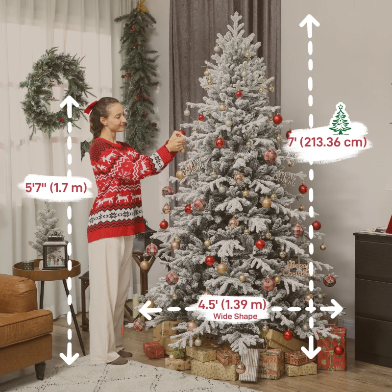 HOMCOM 7ft Artificial Flocked Christmas Tree, Full Snow Pine Tree Holiday Decor, Hinged Xmas Tree with Realistic Tips, Metal Stand, Easy Assembly