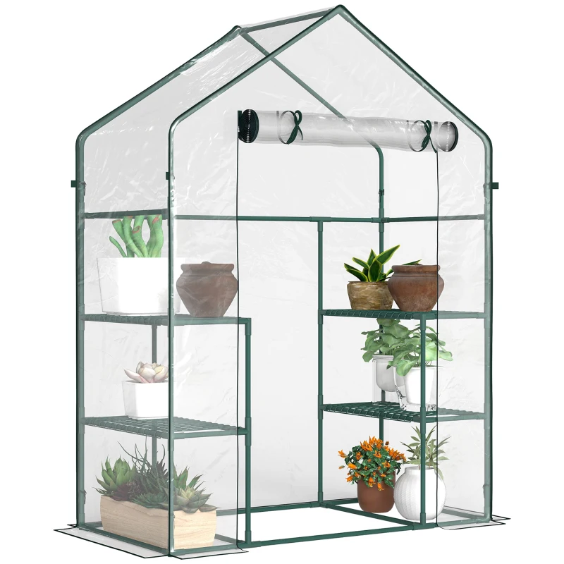 Outsunny 56" x 29" x 77" Walk-in Greenhouse, Mini Greenhouse with 4 Shelves, Roll-Up Door and Weatherized Cover, Clear