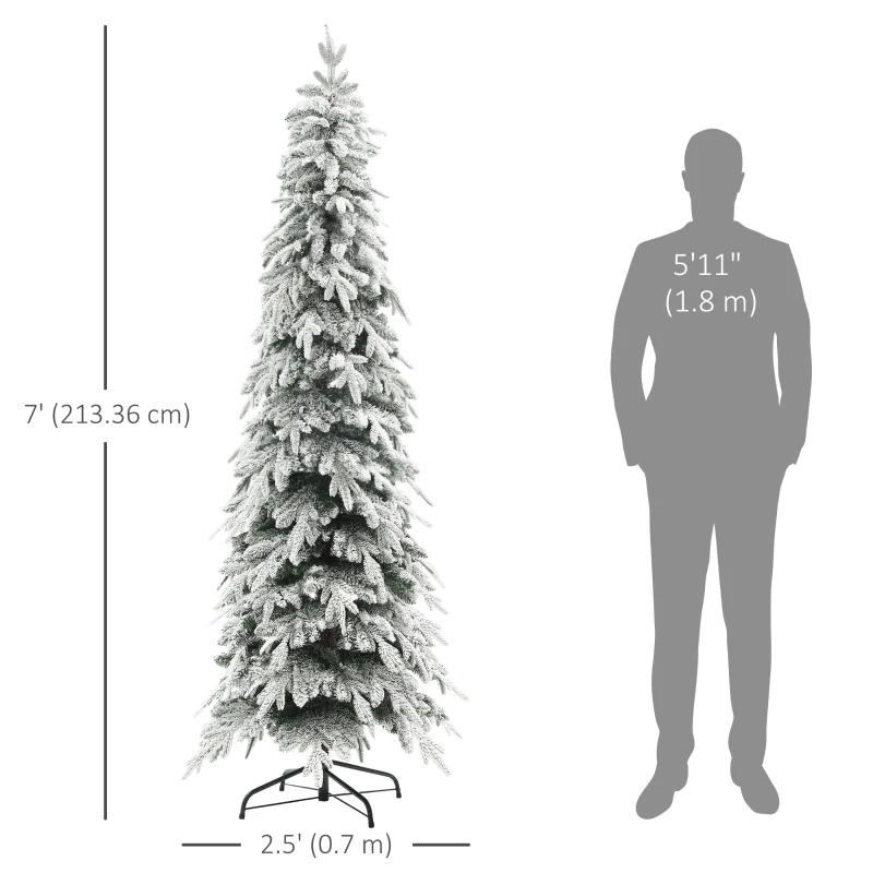 HOMCOM 7ft Pencil Flocked Artificial Christmas Tree with 800 Branch Tips, Auto Open and Steel Base, Green