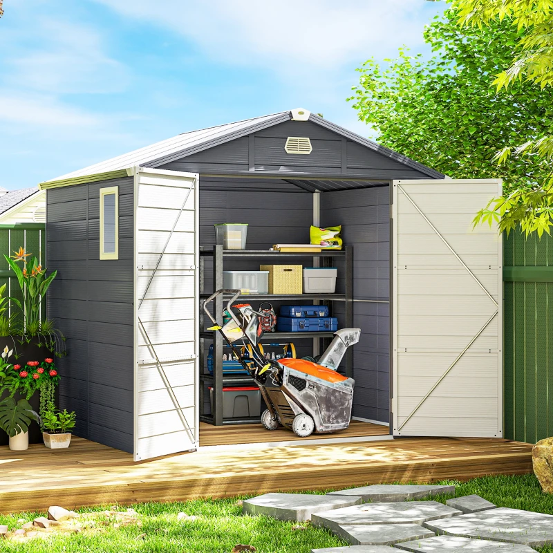 Outsunny 8' x 6' Plastic Garden Storage Shed with Latch Door, Vents, Sloped Roof, Light Grey