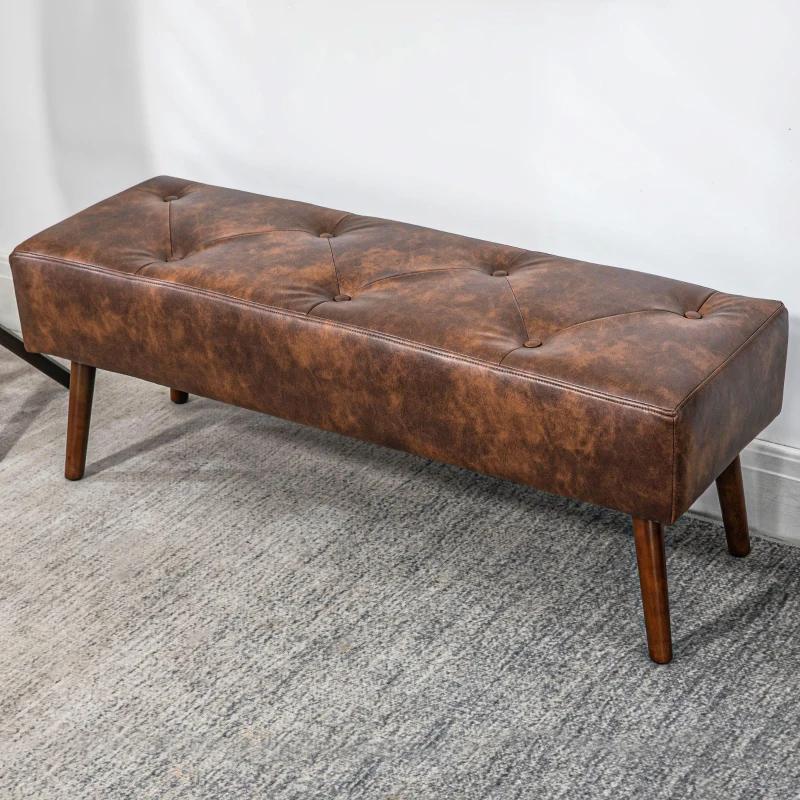 HOMCOM Bedroom Bench, End of Bed Bench with Button Tufted, PU Leather Upholstered Entryway Bench with Wood Legs, Brown