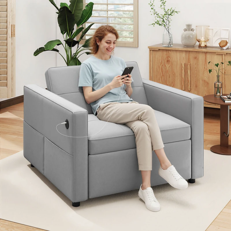 HOMCOM Convertible Chair Bed, Pull Out Sleeper Chair with USB, Adjustable Backrest, Small Velvet Futon Sofa Bed, Grey